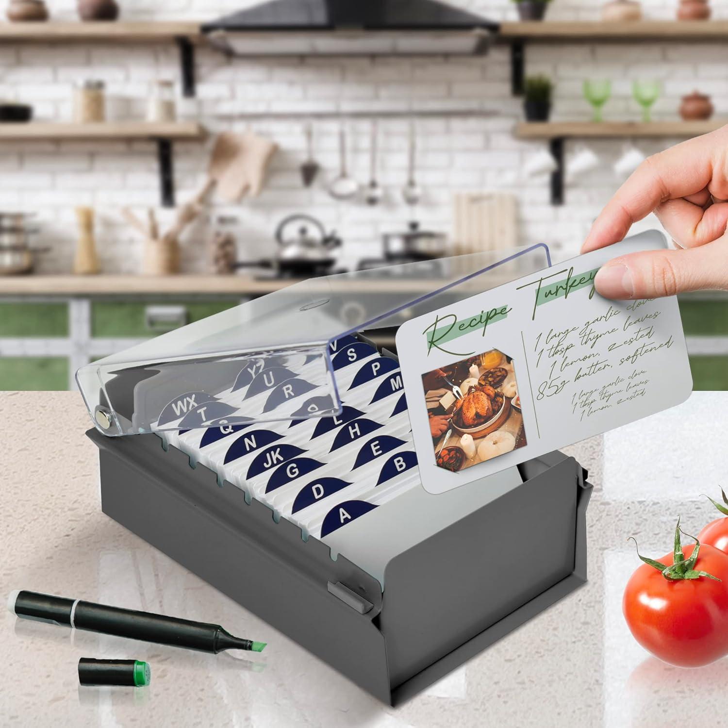 imageAcrimet 3 x 5 Card File Holder Organizer Box Metal Base Heavy Duty AZ Index Cards and Divider Included Gray Color with Clear Crystal Plastic Lid Cover