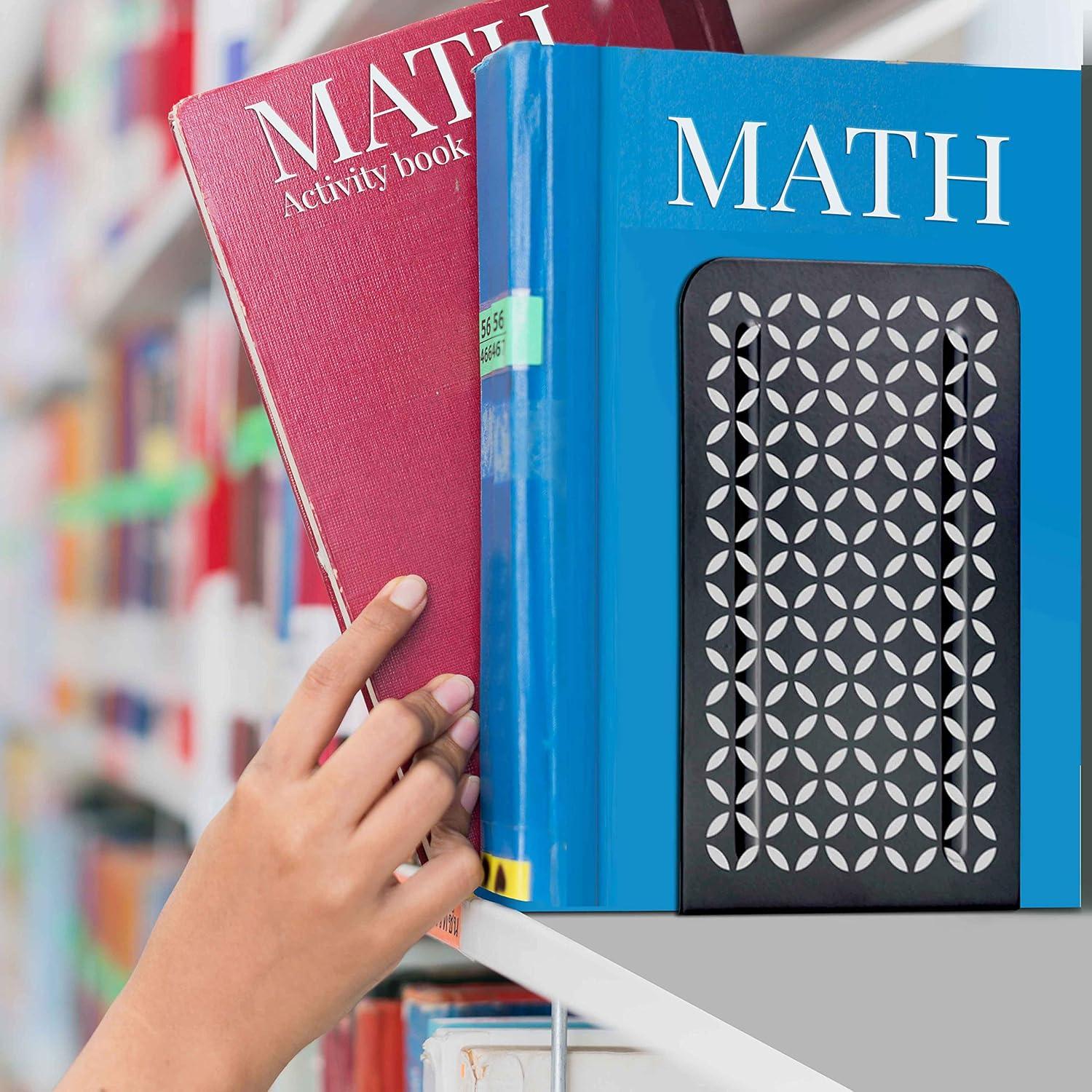 imageAcrimet Metal Bookends Jumbo Size 9quot H x 4quot W x 412quot D NonSkid Book Stand for Shelves Heavy Duty Book Stopper Silver 1 PairBlack Bookend With Silver Design