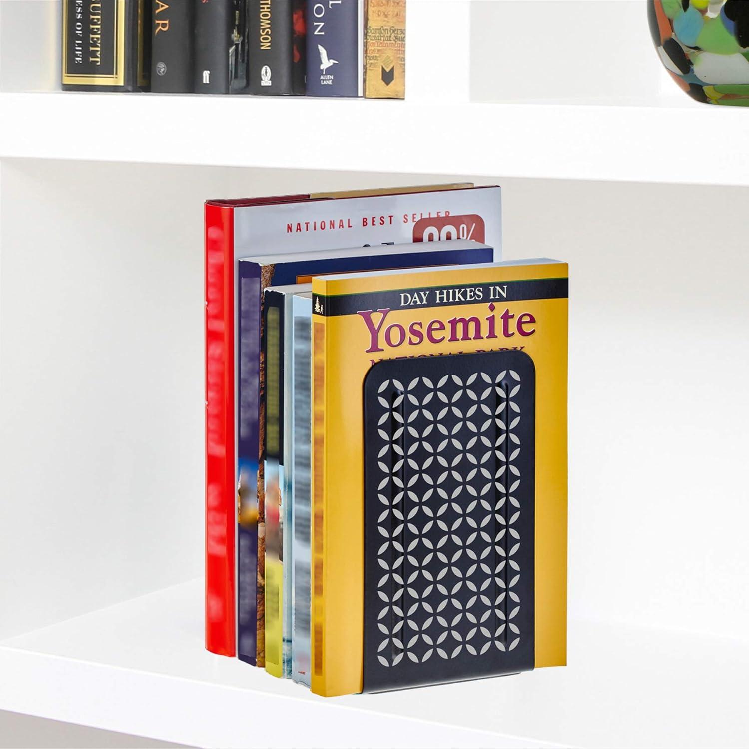 imageAcrimet Metal Bookends Jumbo Size 9quot H x 4quot W x 412quot D NonSkid Book Stand for Shelves Heavy Duty Book Stopper Silver 1 PairBlack Bookend With Silver Design