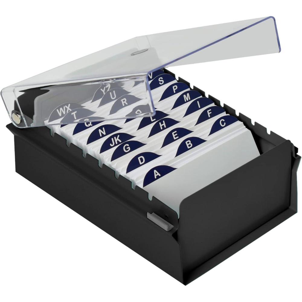 imageAcrimet 3 x 5 Card File Holder Organizer Box Metal Base Heavy Duty AZ Index Cards and Divider Included Black Color with Clear Crystal Plastic Lid Cover