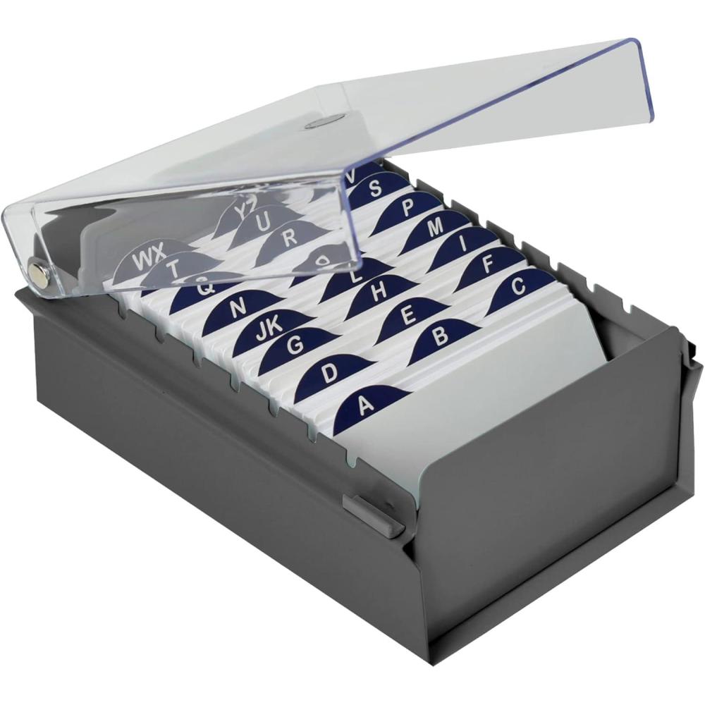 imageAcrimet 3 x 5 Card File Holder Organizer Box Metal Base Heavy Duty AZ Index Cards and Divider Included Gray Color with Clear Crystal Plastic Lid Cover