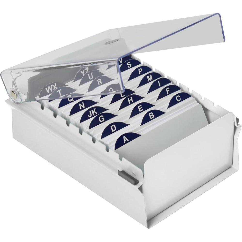 imageAcrimet 3 x 5 Card File Holder Organizer Box Metal Base Heavy Duty AZ Index Cards and Divider Included White Color with Clear Crystal Plastic Lid Cover