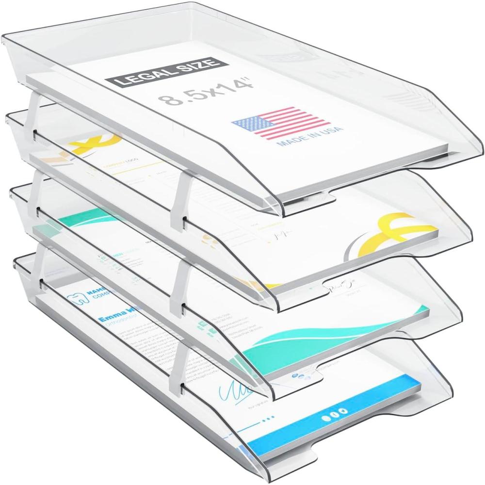 imageAcrimet 4 Tier Legal Letter Tray Facility Front Load Legal Size Plastic Clear Crystal Color Made in USA