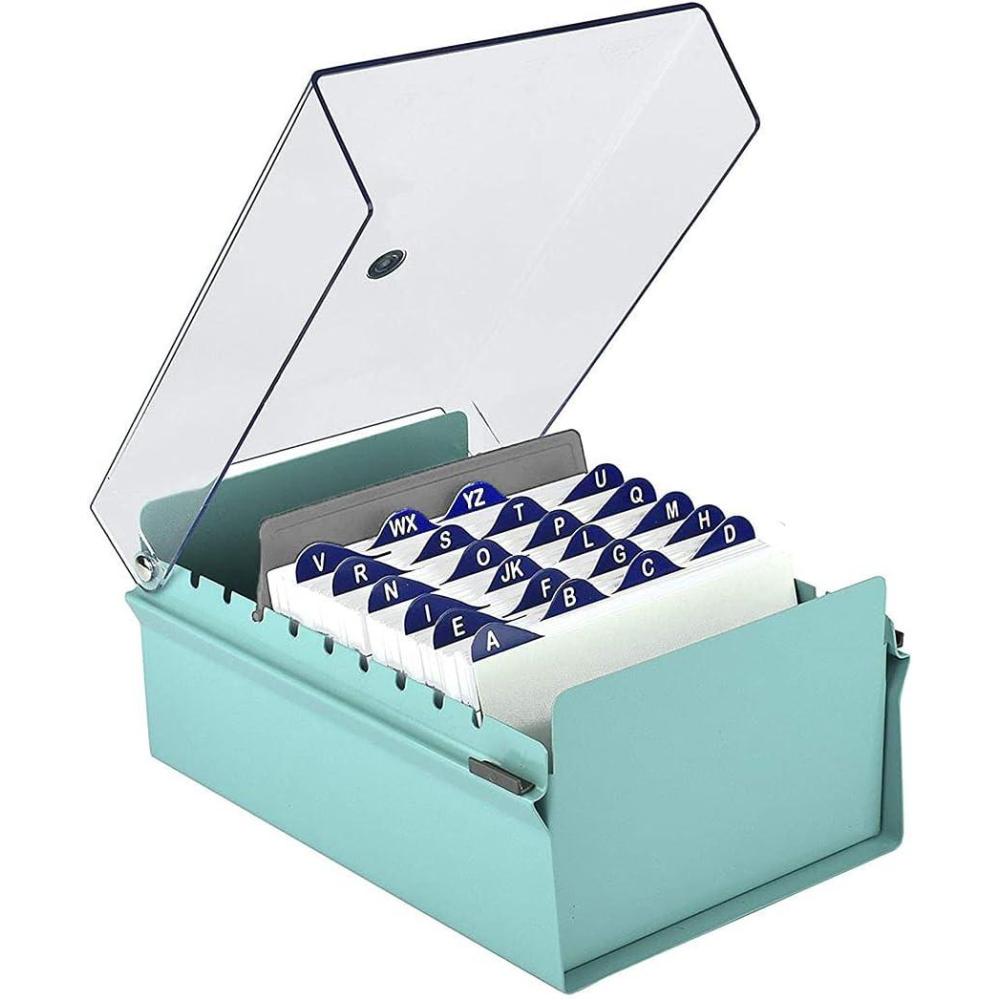 imageAcrimet 4 x 6 Card File Holder Organizer Box Metal Base Heavy Duty AZ Index Cards and Divider Included Green Color with Clear Crystal Plastic Lid Cover