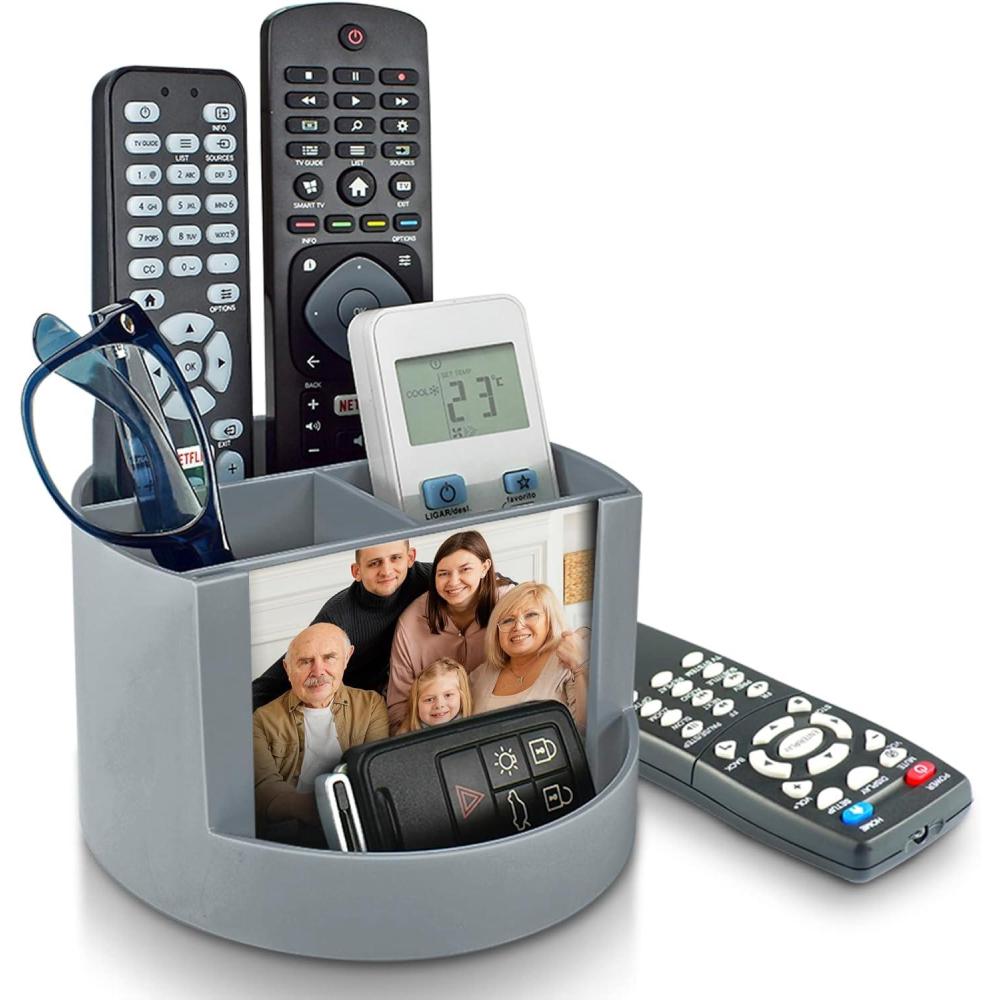 imageAcrimet Compact Desktop Organizer 4 Spacious Slots Round Pencil and Accessories Holder with Photo Slot Ideal for Office Art Supplies Vanity Storage and Home Organization Silver Plastic