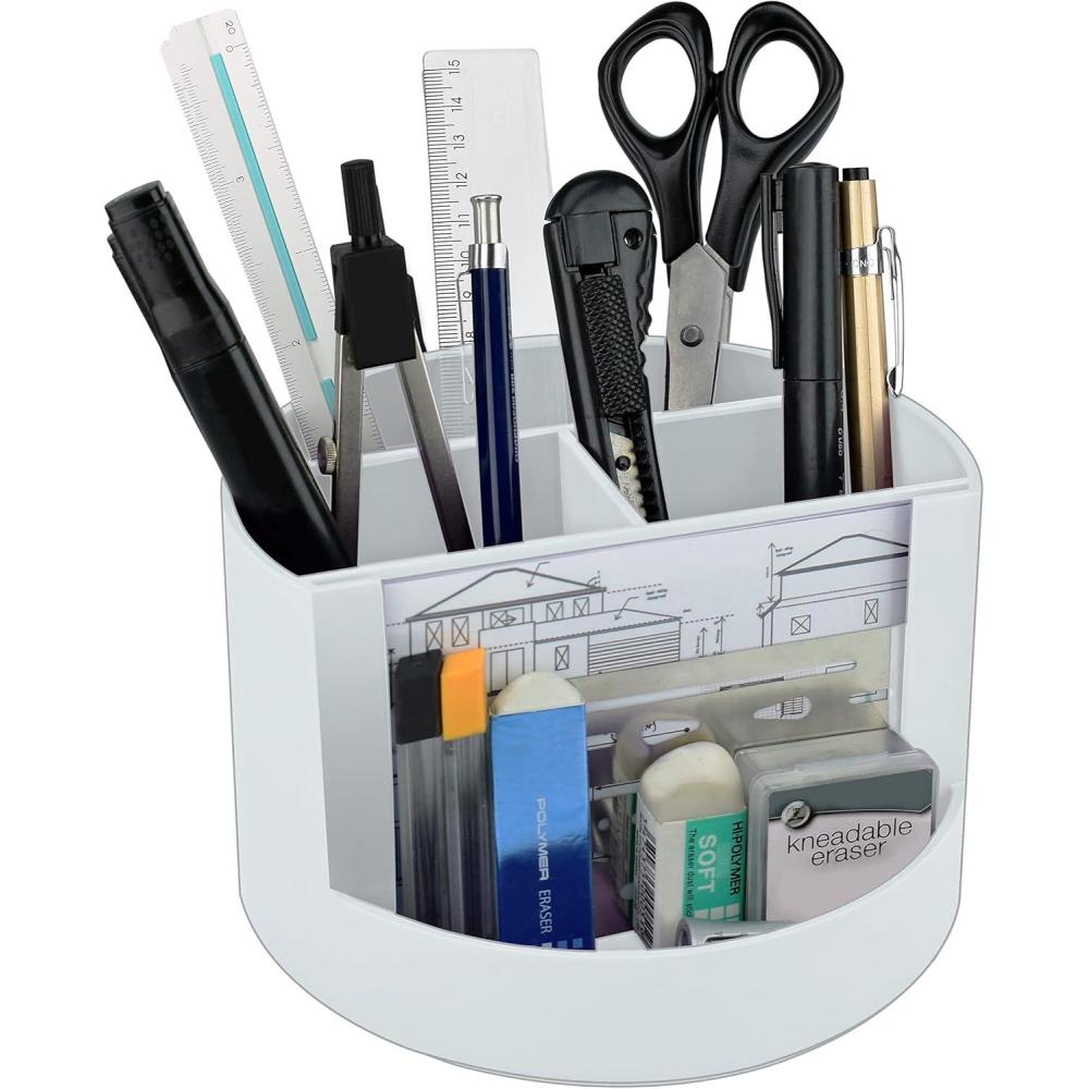 imageAcrimet Compact Desktop Organizer 4 Spacious Slots Round Pencil and Accessories Holder with Photo Slot Ideal for Office Art Supplies Vanity Storage and Home Organization White Plastic