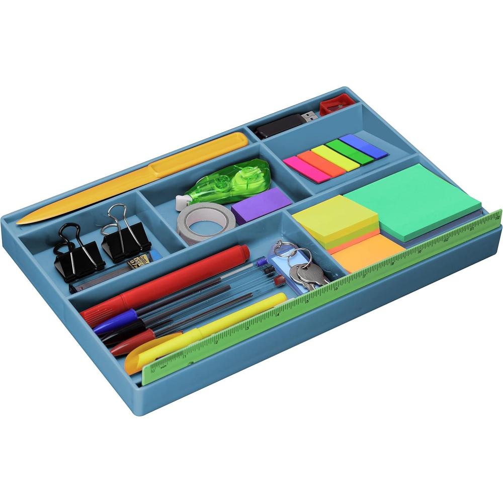 imageAcrimet Desk Drawer Organizer Tray with 8 Compartments  MultiPurpose Bin for Office Supplies Makeup and Accessories  Fits inside Drawers or Desktops 1275quot x 8quot x 106quot Plastic Blue Color