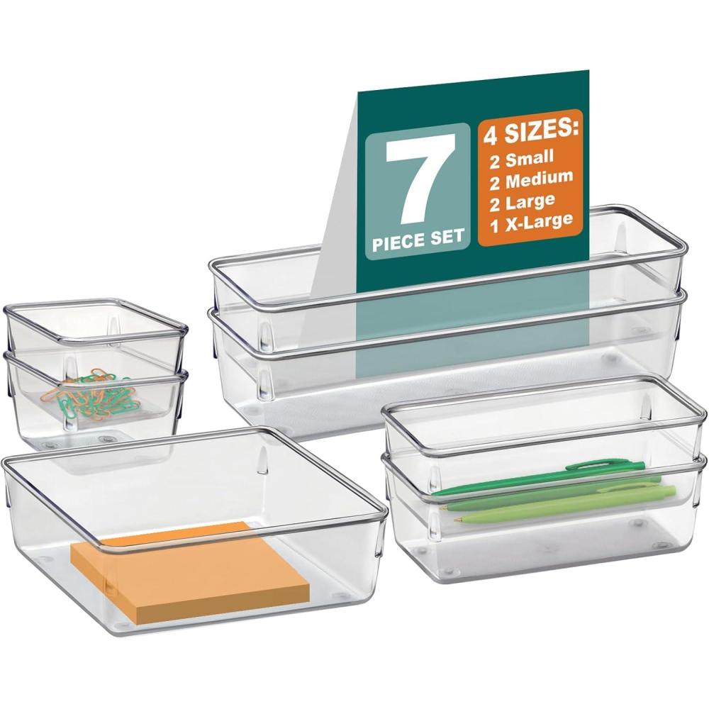 imageAcrimet Drawer Organizer Modular Box Tray Storage Bins for Office Home Makeup Kitchen Junk Drawer 7 Units  4 Sizes Clear Crystal Plastic