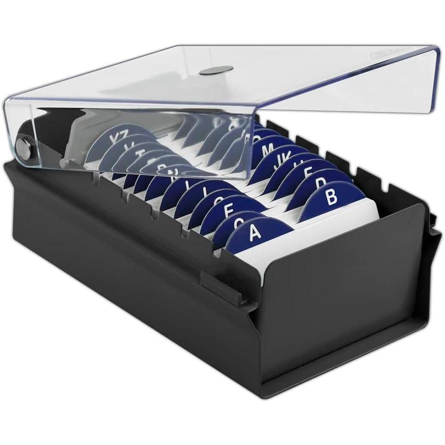 imageAcrimet Index Business Card Size File Holder Organizer Box Metal Base Heavy Duty AZ Index Cards and Divider Included Black Color with Clear Crystal Plastic Lid Cover