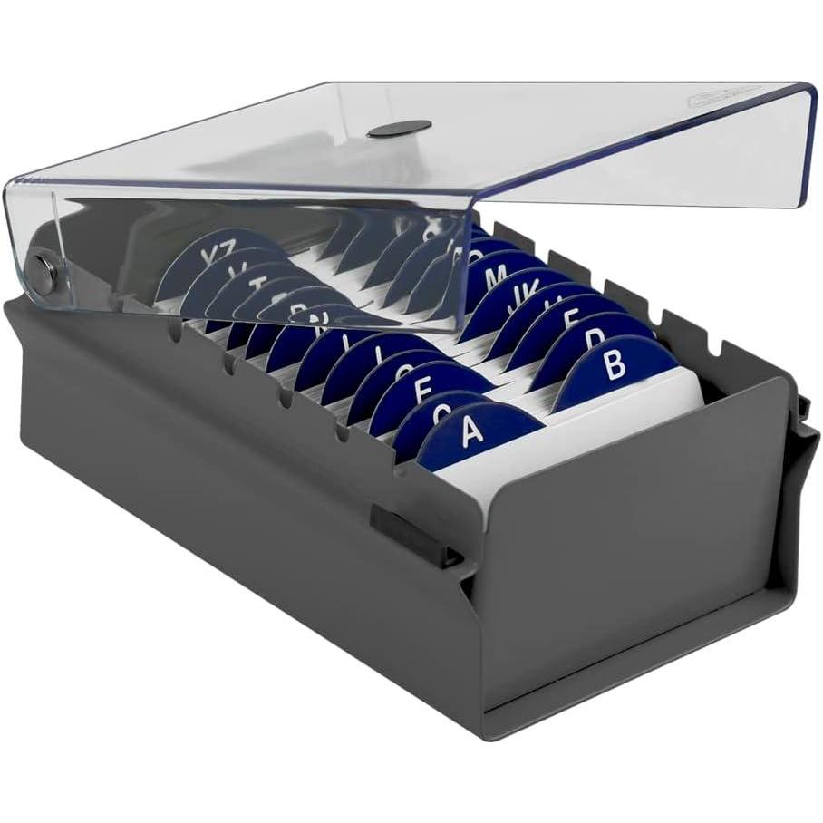 imageAcrimet Index Business Card Size File Holder Organizer Box Metal Base Heavy Duty AZ Index Cards and Divider Included Gray Color with Clear Crystal Plastic Lid Cover