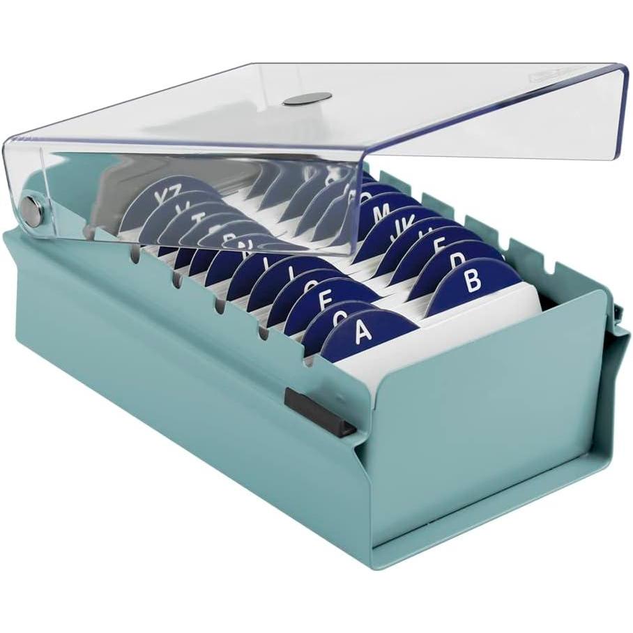 imageAcrimet Index Business Card Size File Holder Organizer Box Metal Base Heavy Duty AZ Index Cards and Divider Included Green Color with Clear Crystal Plastic Lid Cover