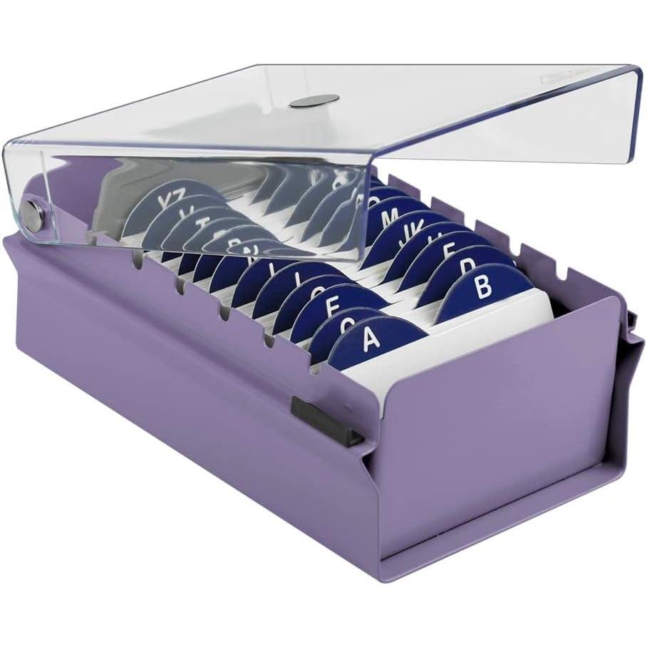 imageAcrimet Index Business Card Size File Holder Organizer Box Metal Base Heavy Duty AZ Index Cards and Divider Included Purple Color with Clear Crystal Plastic Lid Cover
