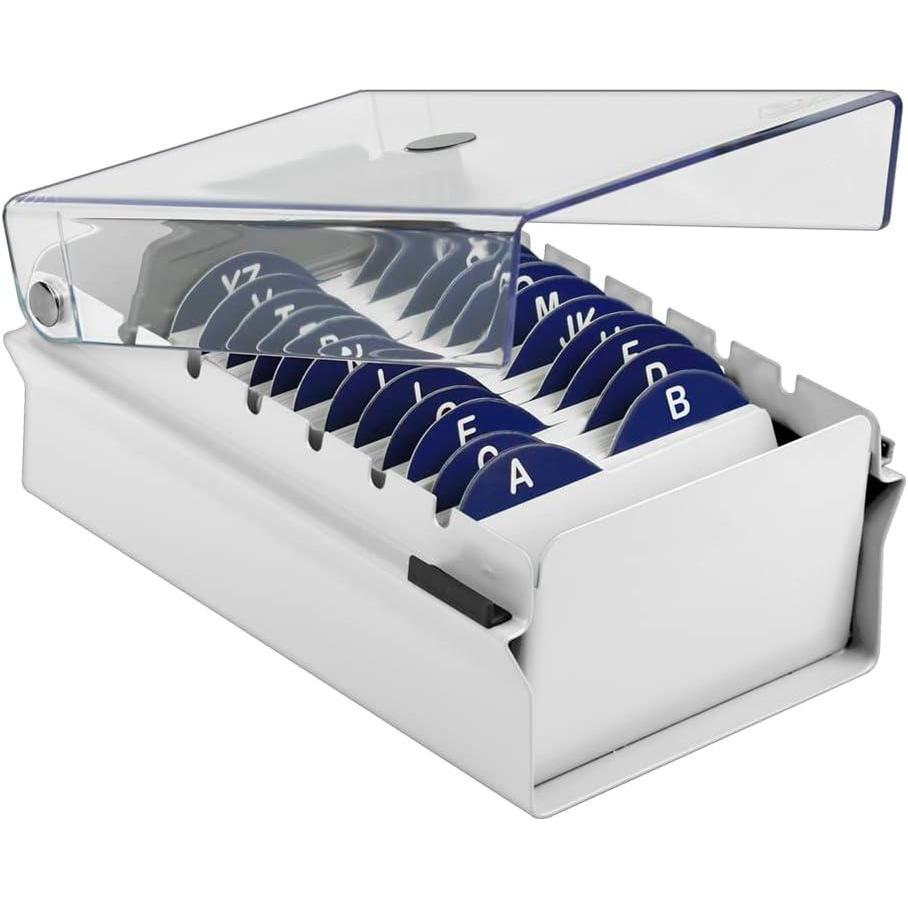 imageAcrimet Index Business Card Size File Holder Organizer Box Metal Base Heavy Duty AZ Index Cards and Divider Included White Color with Clear Crystal Plastic Lid Cover