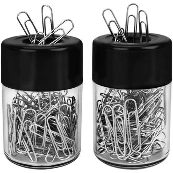 imageAcrimet Magnetic Paper Clip Holder Dispenser Round Design 100 Regular Paper Clip Capacity Clear Crystal Base Black Magnetic Lid 2 pack