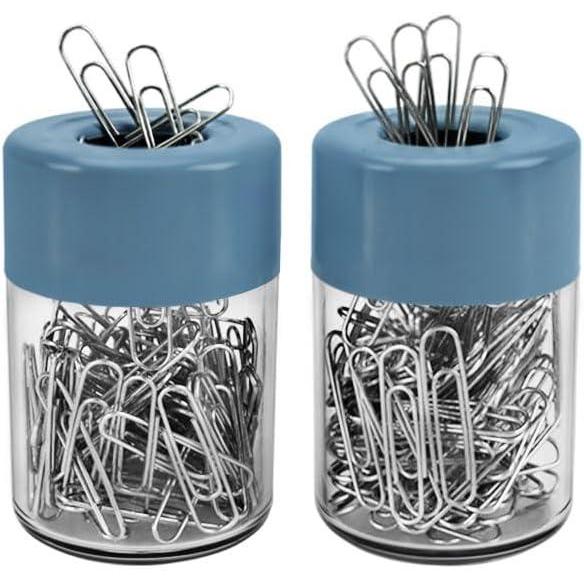 imageAcrimet Magnetic Paper Clip Holder Dispenser Round Design 100 Regular Paper Clip Capacity Clear Crystal Base Blue Magnetic Lid 2 pack