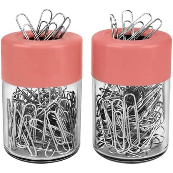 imageAcrimet Magnetic Paper Clip Holder Dispenser Round Design 100 Regular Paper Clip Capacity Clear Crystal Base Pink Magnetic Lid 2 pack