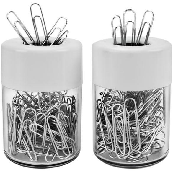 imageAcrimet Magnetic Paper Clip Holder Dispenser Round Design 100 Regular Paper Clip Capacity Clear Crystal Base White Magnetic Lid 2 pack