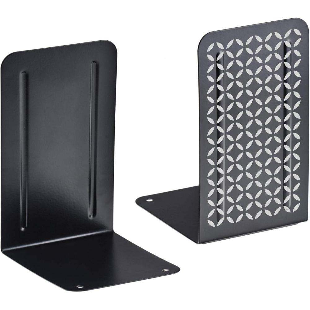 imageAcrimet Metal Bookends Jumbo Size 9quot H x 4quot W x 412quot D NonSkid Book Stand for Shelves Heavy Duty Book Stopper Silver 1 PairBlack Bookend With Silver Design