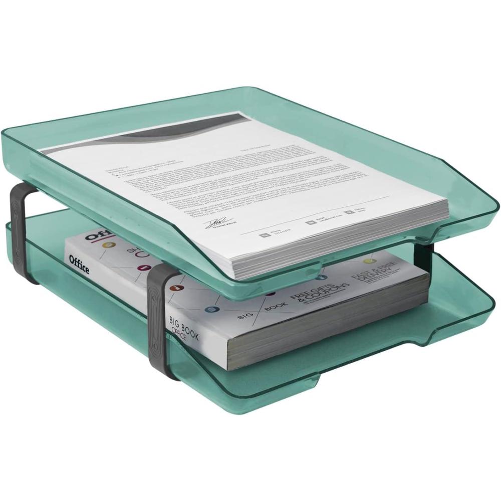 imageAcrimet Traditional 2 Tier Letter Tray Front Load Design A4 Letter Size Desktop Organizer Plastic Clear Green Color