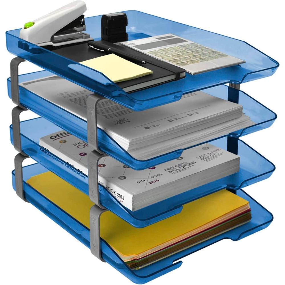 imageAcrimet Traditional 4 Tier Letter Tray Front Load Design A4 Letter Size Desktop Organizer Plastic Clear Blue Color