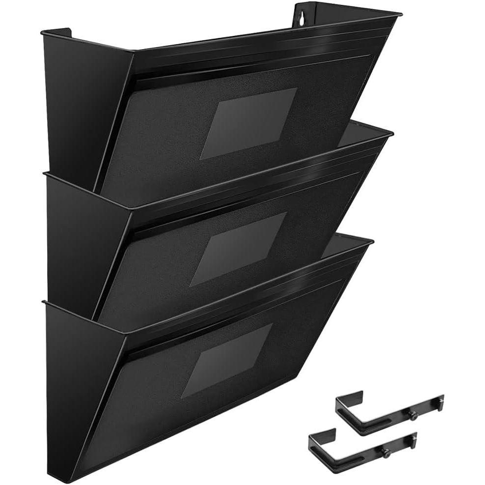 imageAcrimet Wall Mount Pocket File Organizer Holder Modular Letter Size A4 Plastic Hangers Included Black Color 3 Pack