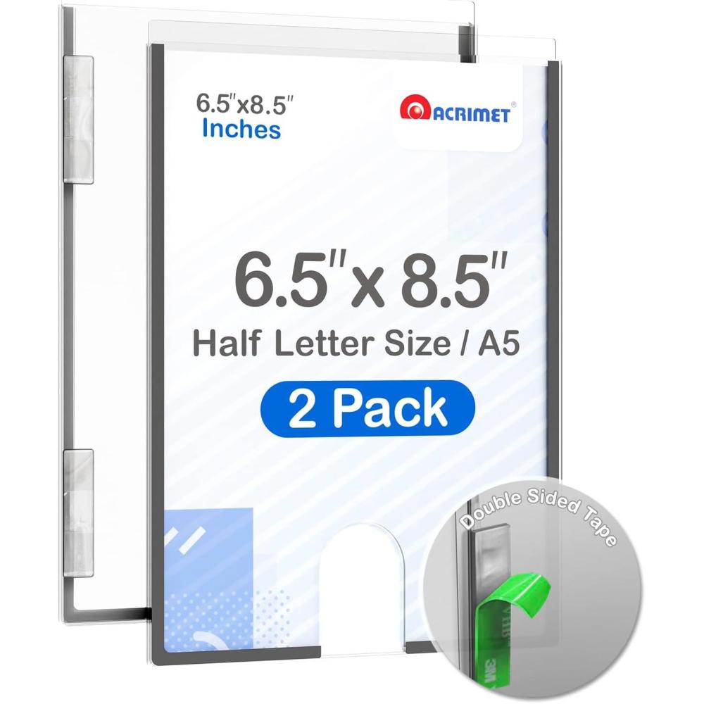 imageAcrimet Wall Mount Sign Holder Half Letter Size A5 Clear Crystal Plastic with Self Adhesive on The Back Perfect for Displaying in Office Restaurant School Home 2 Pack