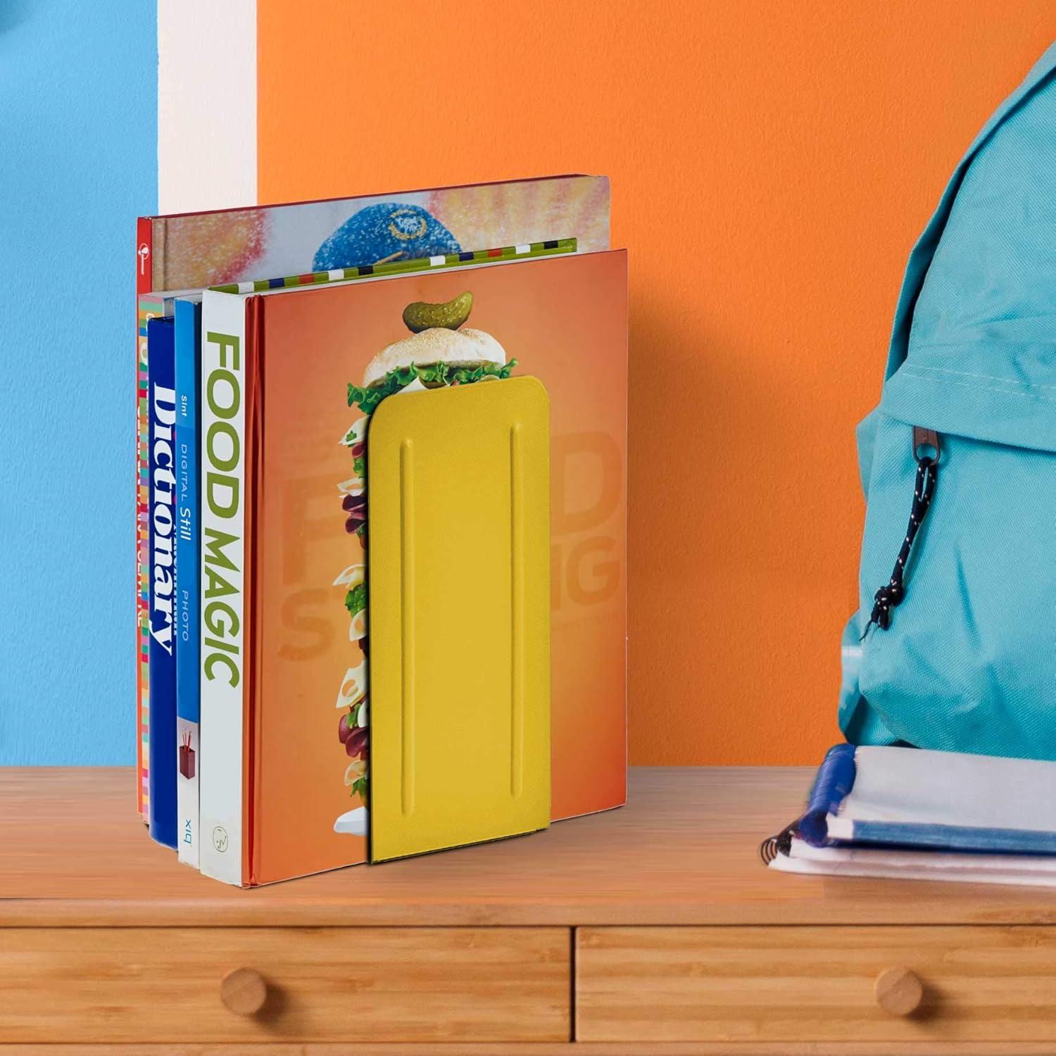 imageAcrimet Metal Bookends Jumbo Size 9quot H x 4quot W x 412quot D NonSkid Book Stand for Shelves Heavy Duty Book Stopper Yellow 1 Pair Pack of 29 H x 4 W x 45 D
